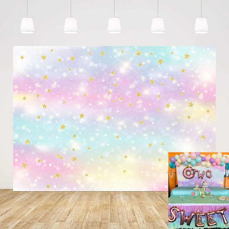 MEHOFOND Glitter Rainbow Backdrop Unicorn Birthday Party Baby Shower Decoration Glitter Gold Star Photography Background Banner Cake Table Studio Photo Smash Props 7x5ft - Image 2